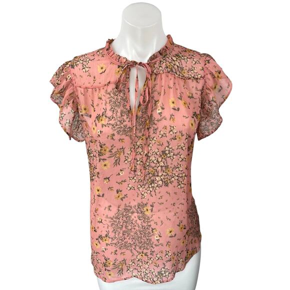 Status by Chenault Pink Floral Flutter Sleeve Keyhole Ruffle Blouse Top Size M - Picture 1 of 5
